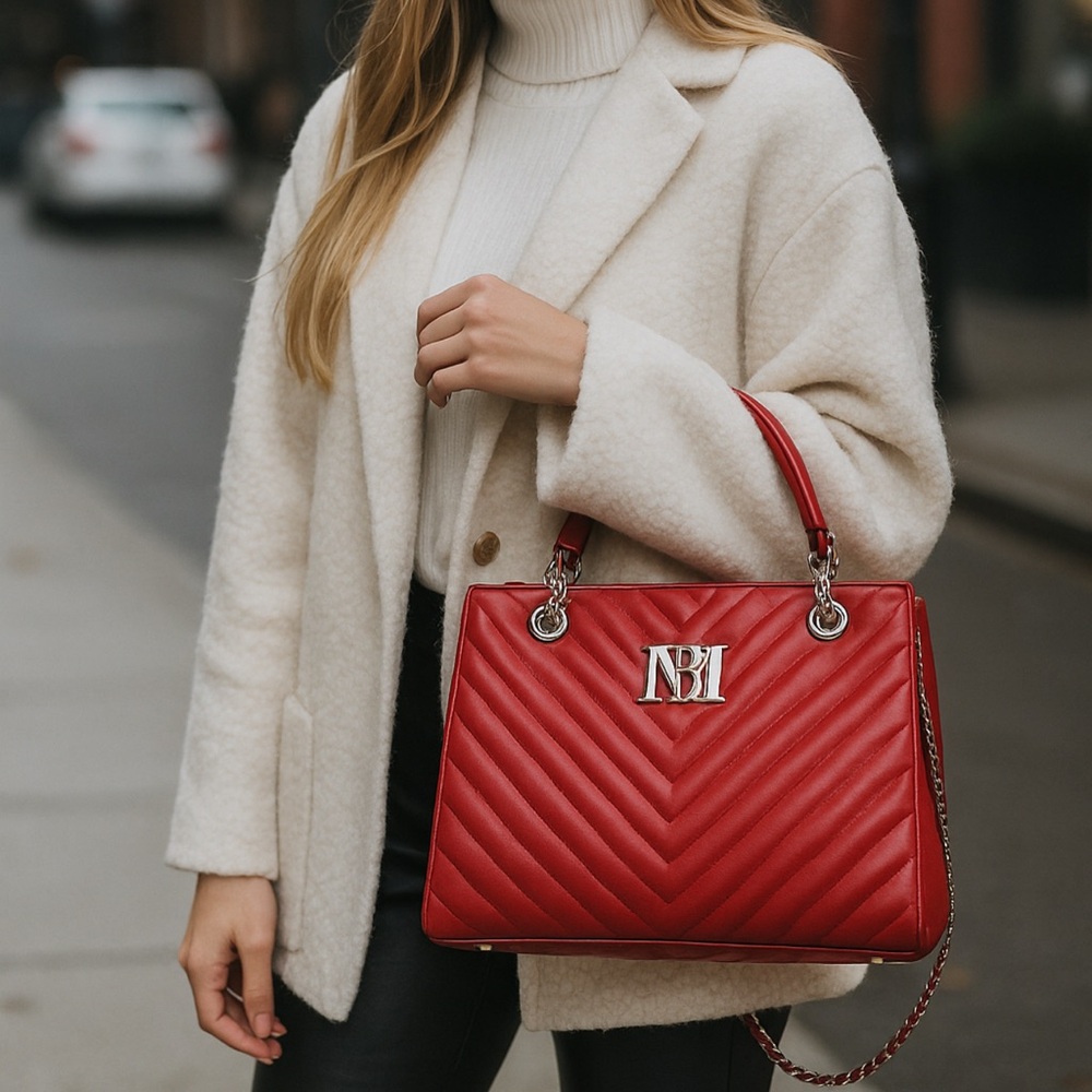 Badgley Mischka Red Quilted Leather with charm purse bag tote